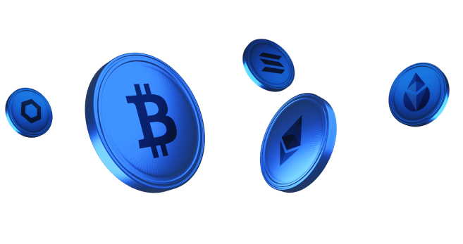 Ilustração com Bitcoin, Ethereum, Solana e outros ativos